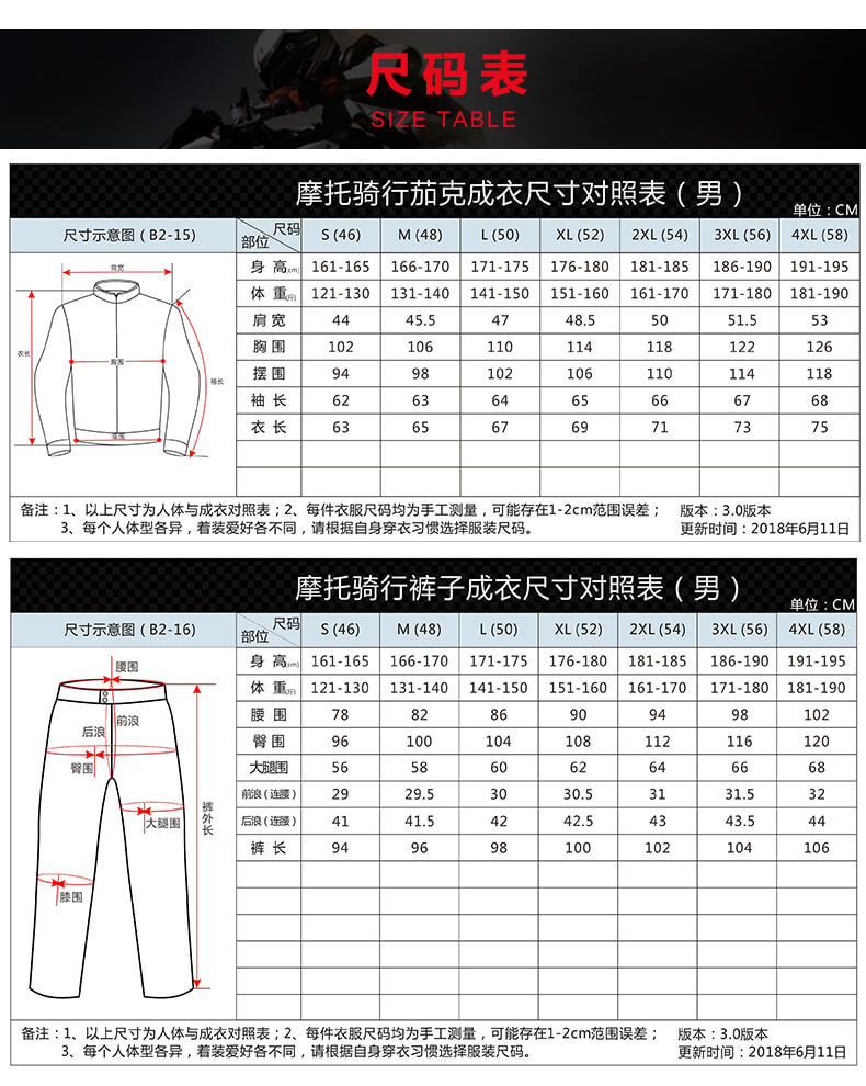 摩托车骑行啥上衣夹克尺寸表